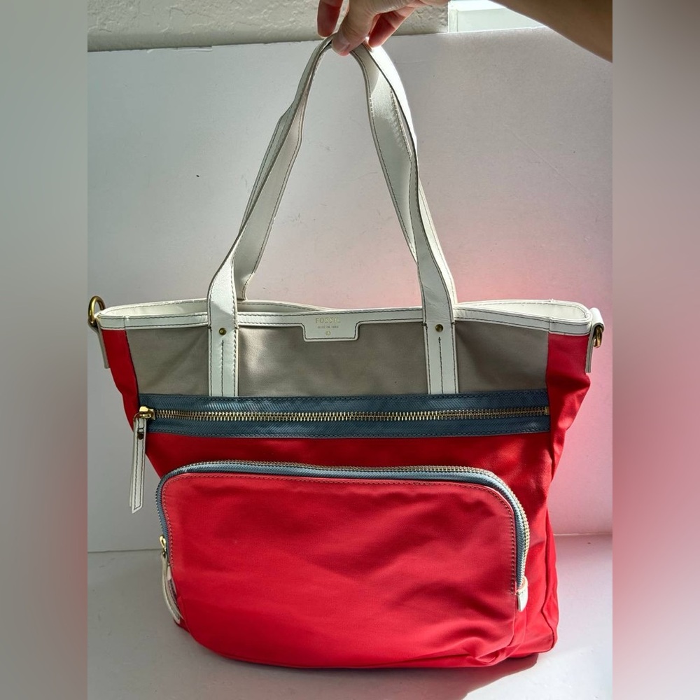 Fossil Karli Shoulder Tote Bag Leather Red Blue And White
